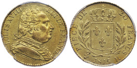 Louis XVIII 1814-1815
20 francs, Londres, 1815 R, AU 6.45 g.
Ref : Gad. 1027 Conservation : PCGS MS 62
