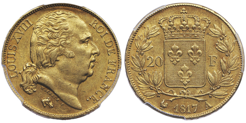 Louis XVIII 1815-1824
20 Francs, Paris, 1817 A, AU 6.45 g.
Ref : G.1028, Fr.539
...