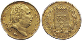 Louis XVIII 1815-1824
20 Francs, Paris, 1817 A, AU 6.45 g.
Ref : G.1028, Fr.539
Conservation : PCGS MS 62