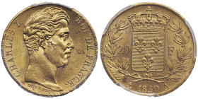 Charles X 1824-1830
20 Francs, Paris, 1830 A, 4 1/2 feuilles, AU 6.45 g.
Ref : G.1029
Conservation : PCGS MS 65. Conservation exceptionnelle