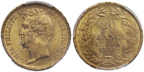Louis Philippe 1830-1848
20 Francs, Paris, 1831 A, en creux, AU 6.45 g.
Ref : G. 1030, Fr. 553
Conservation : PCGS MS 66. Conservation exceptionnelle