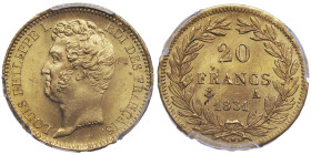 Louis Philippe 1830-1848
20 Francs, Paris, 1831 A, en relief, AU 6.45 g.
Ref : G. 1030a, Fr. 553
Conservation : PCGS MS 64