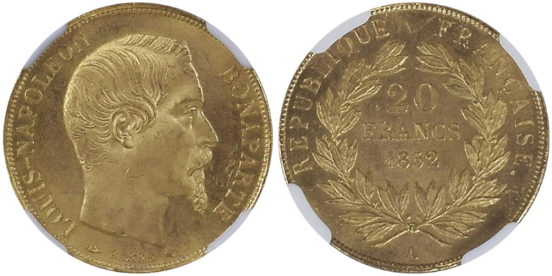 Second Empire 1852-1870
20 Francs, Paris, 1852 A, AU 6.45 g.
Ref : G. 1061, Fr. ...