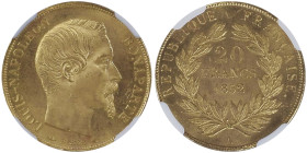 Second Empire 1852-1870
20 Francs, Paris, 1852 A, AU 6.45 g.
Ref : G. 1061, Fr. 573
Conservation : NGC MS 65+. FDC