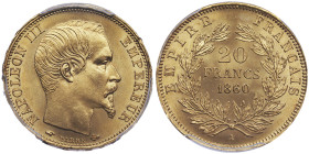 Second Empire 1852-1870
20 Francs, Paris, 1860/50 A, 6 sur 5, AU 6.45 g.
Ref : G. 1061, Fr. 573
Conservation : PCGS MS 65. FDC