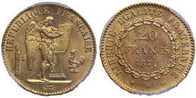 20 Francs, Paris, 1871 A, AU 6.45 g.
Ref : G. 1063, Fr. 592
Conservation : PCGS MS 64