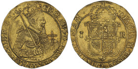 James I Stuart Fils de Lord Darnley et Marie Ière 1603-1625 
Unite d'or de 20 schilling, Londres, 2e période 4e buste Nicolas Briot (1621-1623), AU 9....