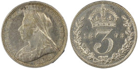 Victoria 1837-1901
Proof 3 Pence, 1893 , AG
Ref : S. 3942
Conservation : PCGS PROOF 65 CAMEO. Flan bruni