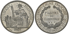 INDOCHINE FRANCAISE
1 Piastre de Commerce , 1907, AG 27 g.
Ref : Lec. 290, KM#20/5a.1 
Conservation : NGC MS 63. FDC