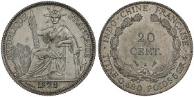 INDOCHINE FRANCAISE 
20 centimes, 1928 A, AG 5.4 g. 
Ref : Lec 228
Conservation : NGC MS 64