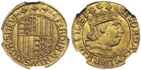 Ferdinando I d'Aragona 1458-1494
Ducato, ND, AU 3.51 g.
Ref : MIR 64/6 (R), Pannuti Riccio 9a Conservation : NGC MS 64. FDC. Top Pop: le plus beau con...