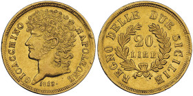 Gioacchino Murat 1808-1815 20 Lire, 1813, AU 6.45 g.
Ref : G. IT 55, MIR 440, rami corti Conservation : NGC AU 55. Superbe