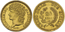 Gioacchino Murat 1808-1815 20 Lire, 1813, AU 6.45 g.
Ref : G. IT 55, MIR 440/3 (R2), rami lunghi Conservation : NGC MS 62. presque FDC