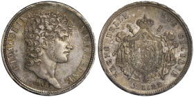 Gioacchino Murat 1808-1815 5 Lire, 1813, AG 25 g.
Ref : G. IT 53, MIR 441/1, Pannuti Riccio 13 Conservation : PCGS AU 58. Superbe
