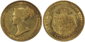 Maria Luigia 1815-1847
40 Lire, 1821, AU 12.88 g.
Ref : MIR 1091/2 (R), Pag.2, G. IT42, Fr.933 Conservation : PCGS AU 55. Superbe