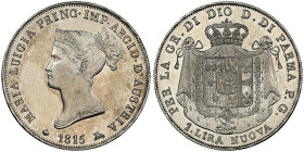 Maria Luigia 1815-1847 1 Lira 1815, AG 5 g.
Ref : G. IT 38, MIR 1095, CNI 6 Conservation : NGC MS 62 PROOF LIKE