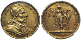 Clemente XII 1730-1740
Médaille en or, 1730, AN I, AU 15.5 g., 31 mm Opus Hamerani
Avers : CLEMENS XII PONT M
Revers : RECTIS CORDE LAETITIA MDCCXXX L...