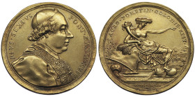 Médaille en or, 1791 Anno XVII, Bonifica dell'Agro-Pontino, AU 28.93 g. 40 mm Opus Giovanni Hamerani
Avers : PIVS SEXTVS - PONT MAX A XVII. Buste à dr...
