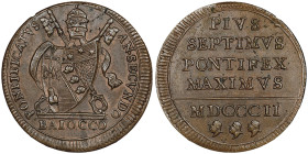 Pio VII 1800-1823
Baiocco, 1802, AE
Ref : MIR 3041/1, CNI 25, Munt 21, Pag 81, Berman 3237
Conservation : NGC MS 63 BN. Superbe exemplaire