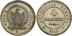 II Repubblica Romana 1849
4 Baiocchi, Roma, 1849, Mi
Ref : Munt. 4, Pag. 342
Conservation : NGC MS 66. FDC. Top Pop: le plus beau connu.