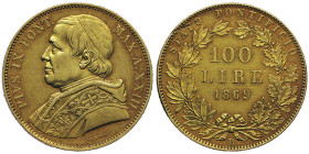 Sistema della Lira Pontificia
100 Lire, Roma, 1869, AN XXIV, AU 32.25 g.
Ref : Munt. 38c, Pag. 522, Fr. 278, Mont. 339 (R4) Conservation : TTB-SUP