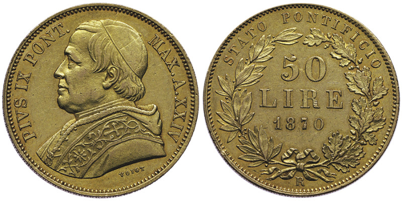 Sistema della Lira Pontificia
50 Lire, Roma, 1870, AN XXIV, AU 16.1 g.
Ref : Mun...