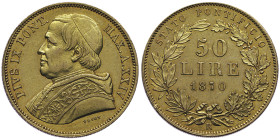 Sistema della Lira Pontificia
50 Lire, Roma, 1870, AN XXIV, AU 16.1 g.
Ref : Munt.39, Fr.279 , KM#1388, Mont. 342 (R3), Pag. 525
Conservation : Superb...