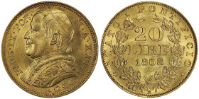 Sistema della Lira Pontificia
20 Lire, Rome, 1868, AN XXIII, AU 6.45g.
Ref : MIR 3162/8, Munt 42, Berman 3334, Fr.280, KM#1382.3
Conservation : PCGS M...