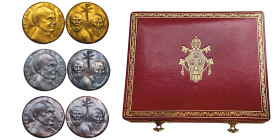 Paolo VI 1963-1978
Coffret contenant 3 médailles en or, argent et bronze, Rome, anno V, (1967),
AU 68.29 g. 917‰ 44 mm Opus : Fazzini
Avers : PAVLVS V...
