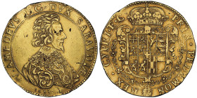 Vittorio Amedeo I 1630-1637
10 Scudi d'oro, II Tipo, Torino, 1633, AU 33.13 g. Avers : V AMEDEVS: D:G. DUX SABAUDIE
Revers : PRIN. PEDEMON REX. CYPRI....