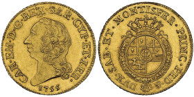 Carlo Emanuele III Secondo Periodo 1755-1773
Doppia Nuova, Torino, 1755, AU 9.65 g. Ref : Cud. 1053a (R2), MIR 943, Sim. 30, Biaggi 808, Fr. 1105
Cons...