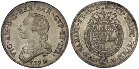Vittorio Amedo III 1773-1796
Mezzo Scudo da 3 Lire, Torino, 1792,
AG 17.55 g.
Ref : Cud. 1098s (R2), MIR 988s , Biaggi 849t Conservation : NGC AU 58. ...