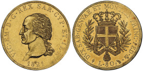 Vittorio Emanuele I 1802-1821
80 lire, Torino, 1821, AU 25.8 g.
Ref : Cud. 1138 (R3), MIR 1027 , Pag. 1, Fr. 1130 Conservation : Superbe
(Lot extra EU...