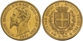 Vittorio Emanuele II, Re di Sardegna 1849-1861
20 Lire, Torino, 1851, AU 6.45 g.
Ref : Cud. 1167d, MIR 1055, Pag. 340, Fr. 1146 Conservation : NGC MS ...