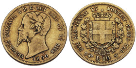 Vittorio Emanuele II, Re di Sardegna 1849-1861
10 Lire, Torino, 1850, AU 3.15 g.
Ref : Cud. 1168b (R2), MIR 1056, Pag. 361 Conservation : traces de ne...