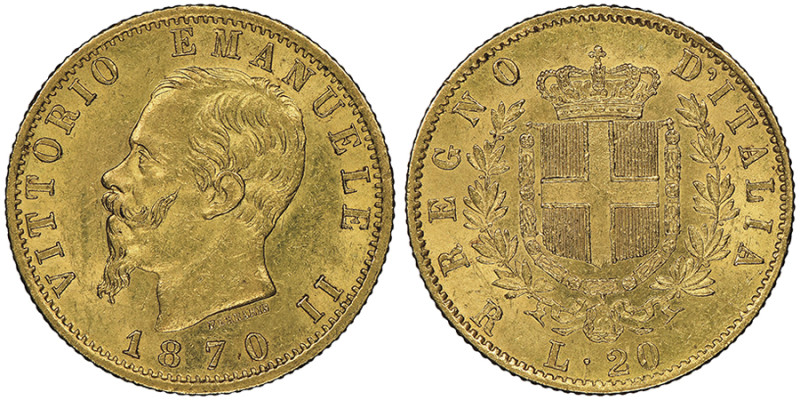 Vittorio Emanuele II 1861-1878 - Re d'Italia
20 Lire, Roma, 1870, AU 6.45 g.
Ref...
