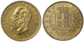 Vittorio Emanuele II 1861-1878 - Re d'Italia
20 Lire, Roma, 1873, AU 6.45 g.
Ref : Cud. 1190o (R4), MIR 1078p, Pag. 469, Fr.12 Conservation : PCGS AU ...