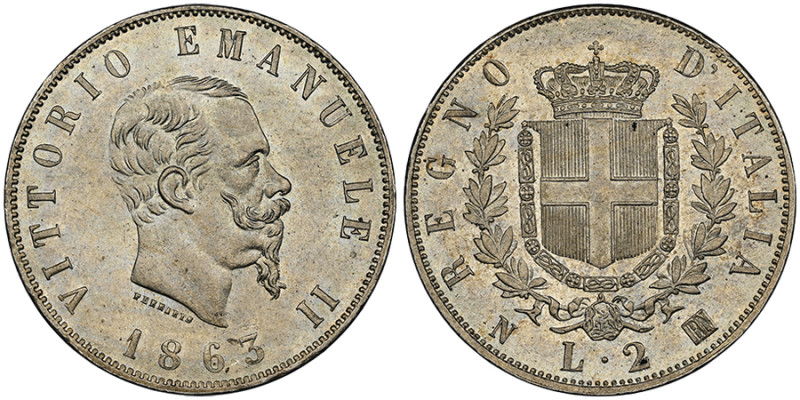 Vittorio Emanuele II 1861-1878 - Re d'Italia
2 Lire Stemma, Napoli, 1863, AG 10 ...