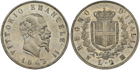 Vittorio Emanuele II 1861-1878 - Re d'Italia
2 Lire Stemma, Napoli, 1863, AG 10 g. Ref : Cud. 1196c, MIR 1083c, Pag. 506 Conservation : NGC MS 64. FDC