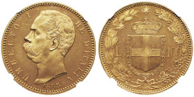 Umberto I 1878-1900
100 lire, Roma, 1883 R, AU 32.25 g.
Ref : Cud. 1209c (R),MIR 1096c, Pag. 569, Fr.18 Conservation : NGC MS 63+ le deuxième plus hau...