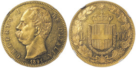 Umberto I 1878-1900
100 lire, Rome, 1891 R, AU 32.25 g.
Ref : Cud. 1209e (R3), MIR.1096e, Pag.571, Fr.18, KM#22
Conservation : NGC MS 61
Quantité : 20...