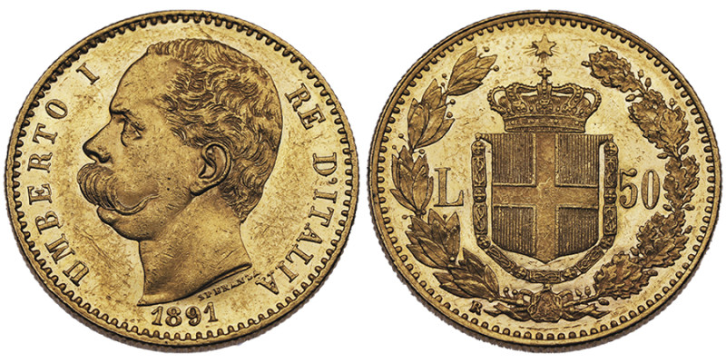 Umberto I 1878-1900
50 Lire, Roma, 1891 R, AU 16.09 g.
Ref : Cud. 1210c (R3), MI...
