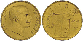 Vittorio Emanuele III 1900-1946
100 Lire PROVA (Pattern), Stabilimento Johnson, Milano, 1903 R, Bronzo dorato (Gilt) Ref : Pag. 139. KM Pn6
Conservati...