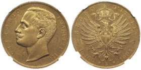 Vittorio Emanuele III 1900-1946
100 lire, Roma, 1905 R, AU 32.25 g.
Ref : Cud. 1227b (R2), MIR 1114c, Pag. 639, Fr. 22 Conservation : NGC MS 60 Superb...