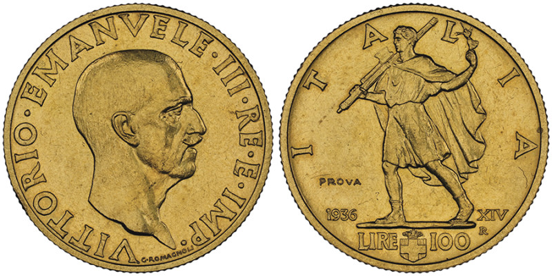 Vittorio Emanuele III 1900-1946
100 Lire PROVA (Pattern) Roma, 1936 R, AU 8.8 g....