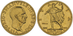 Vittorio Emanuele III 1900-1946
100 Lire PROVA (Pattern) Roma, 1936 R, AU 8.8 g. 23.5 mm
Ref : Luppino PP120 (R4), Pagani PP nr. 161 pag. 29, Simonett...