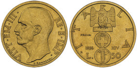 Vittorio Emanuele III 1900-1946
50 Lire Impero PROVA (Pattern), Roma, 1936 R, An XIV, AU 4.4 g. 20.5 mm
Ref : Luppino PP130 (R4), Pagani PP nr. 171 pa...
