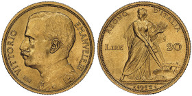Vittorio Emanuele III 1900-1946
20 lire Roma, 1912 R, AU 6.45 g.
Ref : Cud. 1239b, MIR 1126b, Pag. 667, Fr. 28 Conservation : NGC MS 63