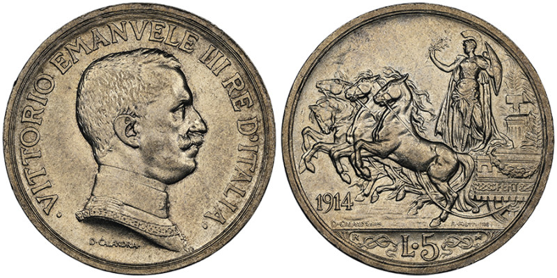 Vittorio Emanuele III 1900-1946
5 Lire Quadriga, Roma, 1914 R, AG 25 g. Ref : Cu...