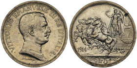 Vittorio Emanuele III 1900-1946
5 Lire Quadriga, Roma, 1914 R, AG 25 g. Ref : Cud. 1250a (R2), MIR 1136a, Pag. 708 Conservation : NGC MS 64. FDC